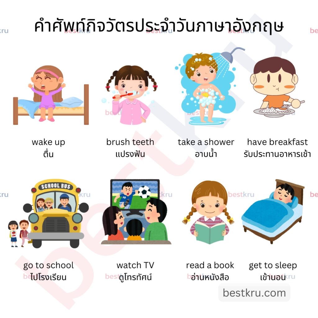 กิจวัตรประจำวันภาษาอังกฤษ (Daily Routine)
wake up — ตื่น
brush teeth — แปรงฟัน
take a shower — อาบน้ำ
have a breakfast — รับประทานอาหารเช้า
go to school — ไปโรงเรียน
watch TV — ดูโทรทัศน์
read a book — อ่านหนังสือ
get to sleep — เข้านอน