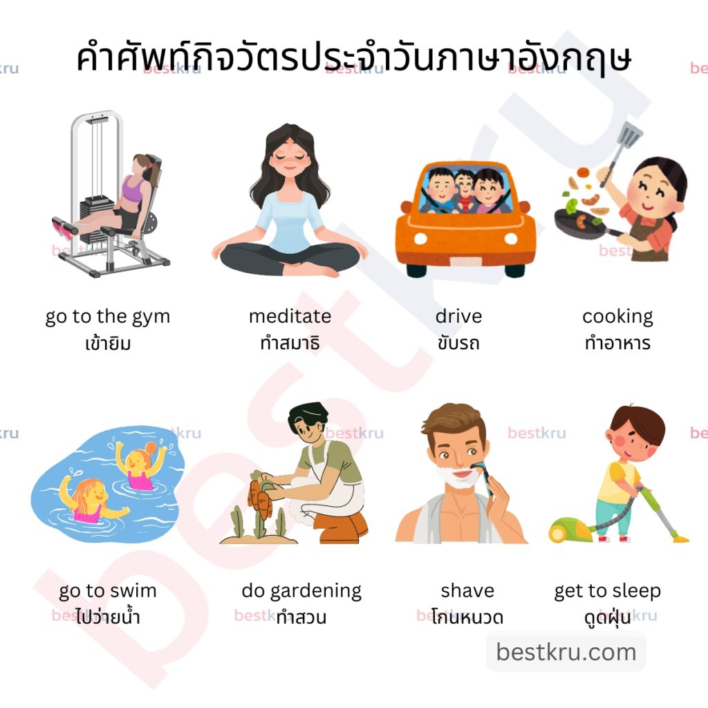 กิจวัตรประจำวันภาษาอังกฤษ (Daily Routine)
go to the gym — เข้ายิม
meditate — ทำสมาธิ
drive — ขับรถ
cooking — ทำอาหาร
go to swim — ไปว่ายน้ำ
do gardening — ทำสวน
shave — โกนหนวด
get to sleep — ดูดฝุ่น