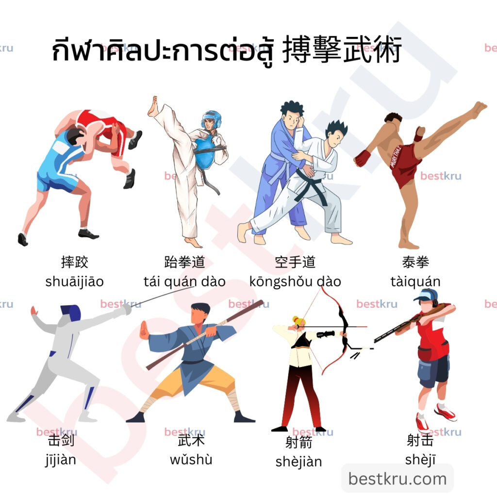 กีฬาต่อสู้ 搏擊武術
ชกมวย	拳击	quánjī	ฉวานจี
มวยไทย	泰拳	tàiquán	ไท่ฉวาน
มวยปล้ำ	摔跤	shuāijiāo	ซวายเจียว
กังฟู	功夫	gōngfu	กงฟู
ยูโด	柔道	róudào	โหรวเต้า
คาราเต้	空手道	kōngshǒu dào	คงโส่วเต้า
เทควันโด	跆拳道	tái quán dào	ไถฉวานเต้า
ยิงปืน	射击	shèjī	เซ่อจี
ยิงธนู	射箭	shèjiàn	เซ่อเจี้ยน
ฟันดาบ	击剑	jījiàn	จีเจี้ยน
เคนโด้	剑道	jiàndào	เจี้ยนเต้า
วูซู	武术	wǔshù	หวู่ซู