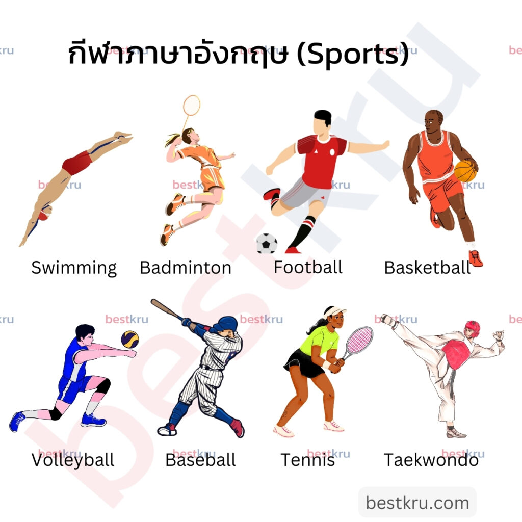 กีฬาภาษาอังกฤษ (Sporrts)
swimming = ว่ายน้ำ
Badminton = แบดมินตัน
Football = ฟุตบอล
Basketball = บาสเก็ตบอล
Volleyball = วอลเล่ย์บอล
Baseball = เบสบอล
Tennis = เทนนิส
Taekwondo = เทควันโด