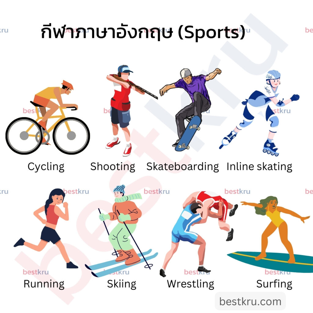 กีฬาภาษาอังกฤษ (Sports)
Cycling = ปั่นจักรยาน
Shooting = ยิงปืน
Inline skating = โรลเลอร์เบลด, โรลเลอร์สเก็ต
Running = วิ่งแข็ง
Skiing = สกี
Weresting = มวยปล้ำ
Surfing = กระดานโต้คลื่น