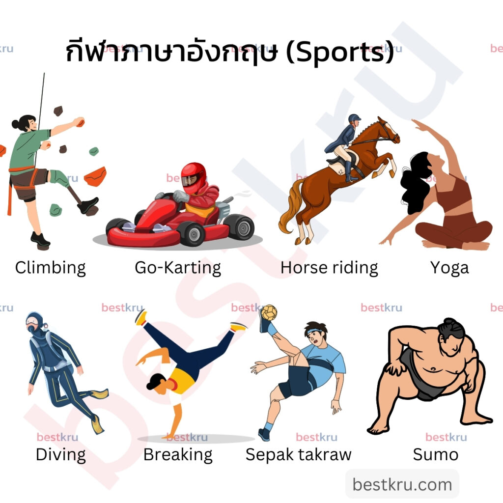 กีฬาภาษาอังกฤษ (Sports)
Climbing = ปีนเขา
Go-karting = รถแข่ง
Horse riding = ขี่ม้า
Yoga = โยคะ
Diving = ดำน้ำ
Breaking = เต้นเบร็คแดนซ์, เต้นฮิปฮอป, B-Boy, B-Girl
Sepak takraw = ตะกร้อ
Sumo = ซูโม่