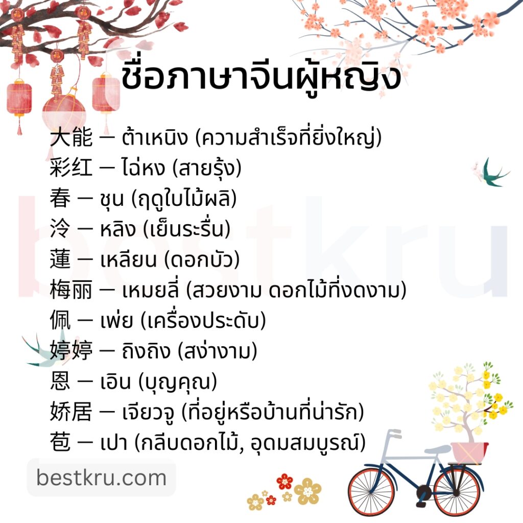 大能	Dà néng	ต้าเหนิง	ความสำเร็จที่ยิ่งใหญ่
彩红	Cǎi hóng	ไฉ่หง	สายรุ้ง
春	Chūn	ชุน	ฤดูใบไม้ผลิ
淑慈	Shū cí	ซูฉือ	ความเมตตาที่สวยงาม
淑善	Shū shàn	ซูซ่าน	ความเมตตาอันงดงาม
淑梦	Shū mèng	ซูเมิ่ง	ความฝันอันสวยงาม
淑魅	Shū mèi	ซูเม่ย	มนตราที่สวยงาม
秀英	Xiù yīng	ซิ่วอิง	สง่างาม กล้าหาญ
淑真	Shū zhēn	ซูเจิน	ความแท้จริงที่สวยงาม
淑霄	Shū xiāo	ซูเซียว	สรวงสวรรค์อันสวยงาม