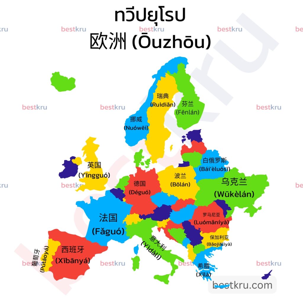 ทวีปยุโรปภาษาจีน 欧洲 (Ōuzhōu – โอวโจว) ประกอบด้วยประเทศต่างๆ เช่น
สหราชอาณาจักร	英国
(Yīngguó)
ยิงกั๋ว
ฝรั่งเศส	法国
(Fǎguó)
ฝ่ากั๋ว
ฟินแลนด์	芬兰
(Fēnlán)
เฟินหลาน
ยูเครน	乌克兰
(Wūkèlán)
วูเค่อหลาน
โรมาเนีย	罗马尼亚
(Luómǎníyà)
หลัวหม่าหนีย่า
เยอรมัน	德国
(Déguó)
เต๋อกั๋ว
สวิตเซอร์แลนด์	瑞士
(Ruìshì)
รุ่ยซื่อ
อังกฤษ	英格兰
(Yīnggélán)
ยิงเก๋อหลาน