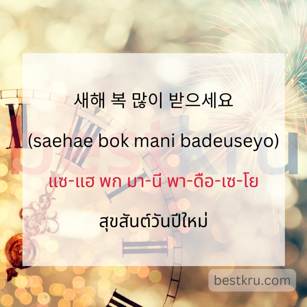 새해 복 많이 받으세요
(saehae bok mani badeuseyo)
แซ-แฮ พก มา-นี พา-ดือ-เซ-โย
สุขสันต์วันปีใหม่