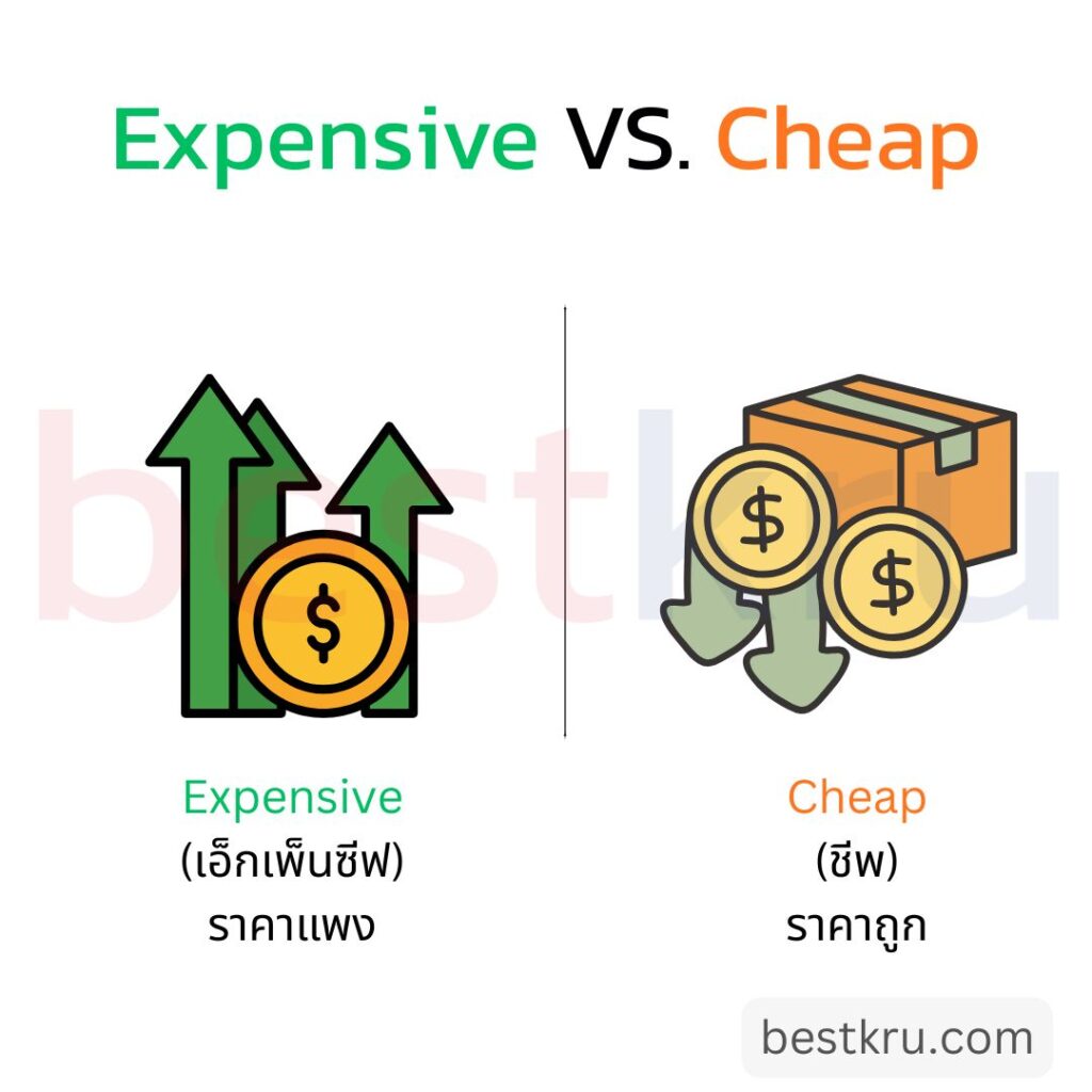 expensive แปลว่า ราคาแพง
cheap แปลว่า ราคาถูก
