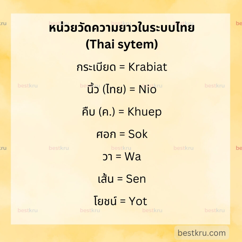 หน่วยวัดความยาวในระบบไทย (Length in Thai System) เช่น
กระเบียด = Krabiat
นิ้ว (ไทย) = Nio 
คืบ (ค.) = Khuep
ศอก = Sok
วา = Wa