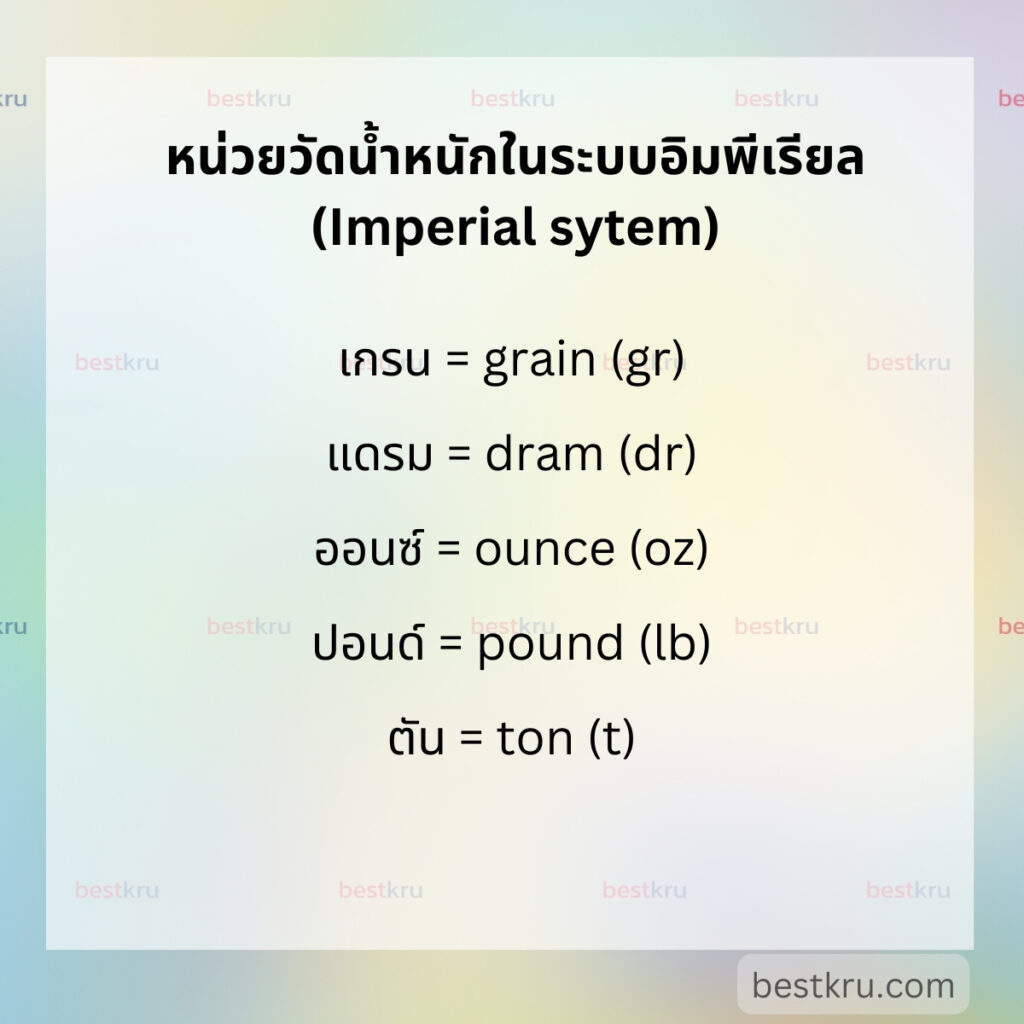 หน่วยวัดน้ำหนักภาษาอังกฤษในระบบอเมริกัน หรืออิมพีเรียล (Weight in Imperial System) เช่น
เกรน = grain (gr)

แดรม = dram (dr)

ออนซ์ = ounce (oz)

ปอนด์ = pound (lb)

ตัน = ton (t)