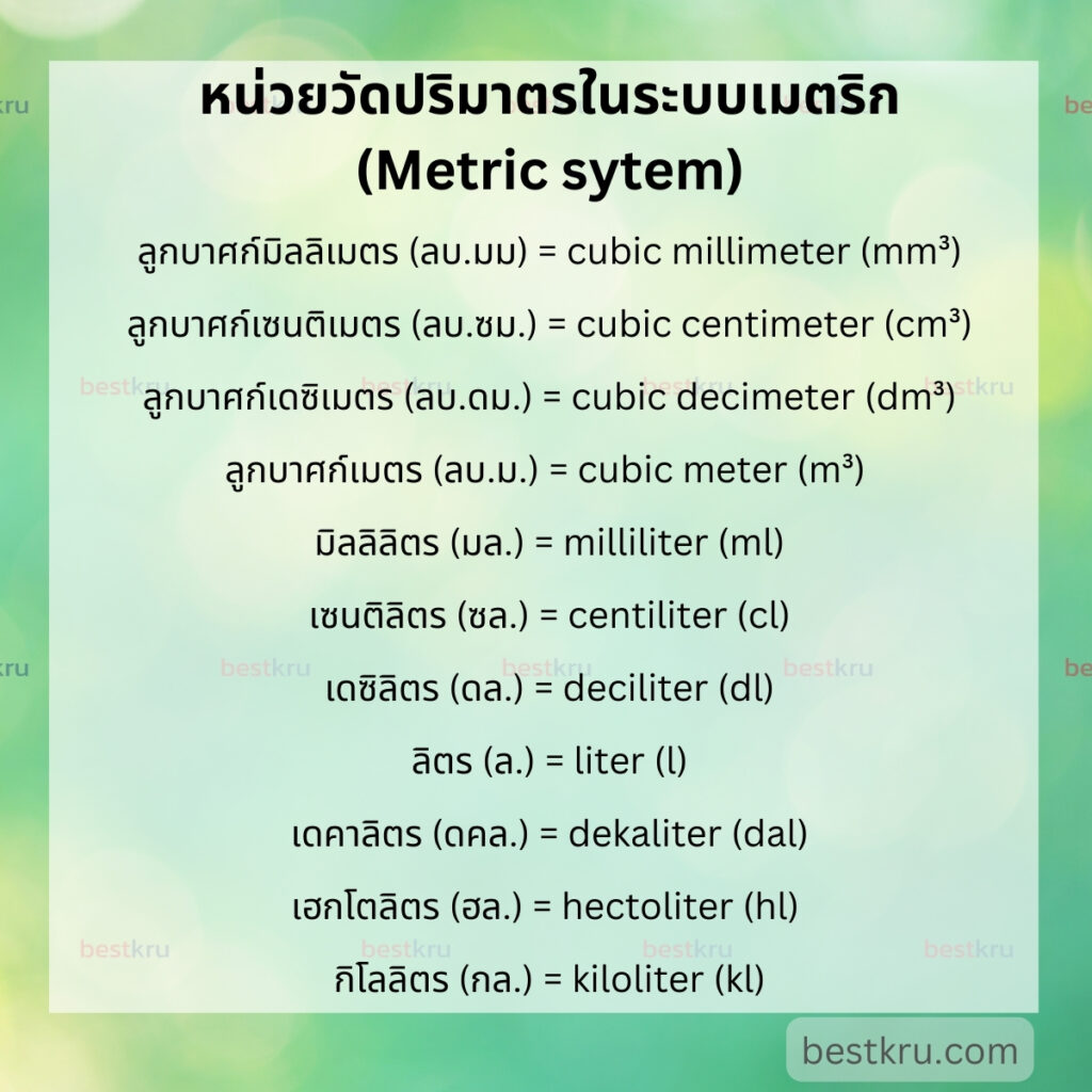 หน่วยวัดปริมาตรภาษาอังกฤษในระบบเมตริก (Volume in Metric System) เช่น
ลูกบาศก์มิลลิเมตร (ลบ.มม) = cubic millimeter (mm³)

ลูกบาศก์เซนติเมตร (ลบ.ซม.) = cubic centimeter (cm³)

ลูกบาศก์เดซิเมตร (ลบ.ดม.) = cubic decimeter (dm³)

ลูกบาศก์เมตร (ลบ.ม.) = cubic meter (m³)  

มิลลิลิตร (มล.) = milliliter (ml)