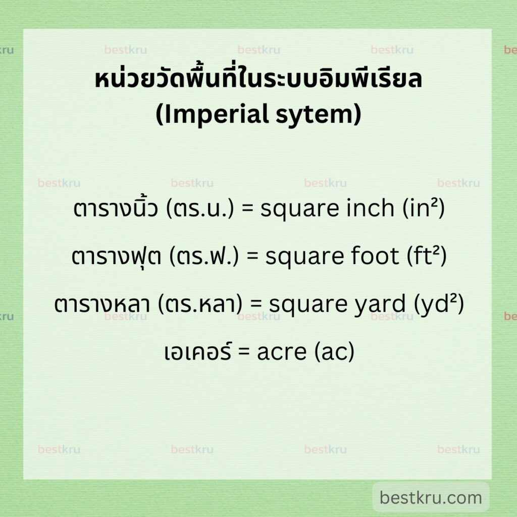 หน่วยวัดพื้นที่ภาษาอังกฤษในระบบอเมริกัน หรืออิมพีเรียล (Area in Imperial System) เช่น
ตารางนิ้ว (ตร.น.) = square inch (in²)

ตารางฟุต (ตร.ฟ.) = square foot (ft²)

ตารางหลา (ตร.หลา) = square yard (yd²)

เอเคอร์ = acre (ac)