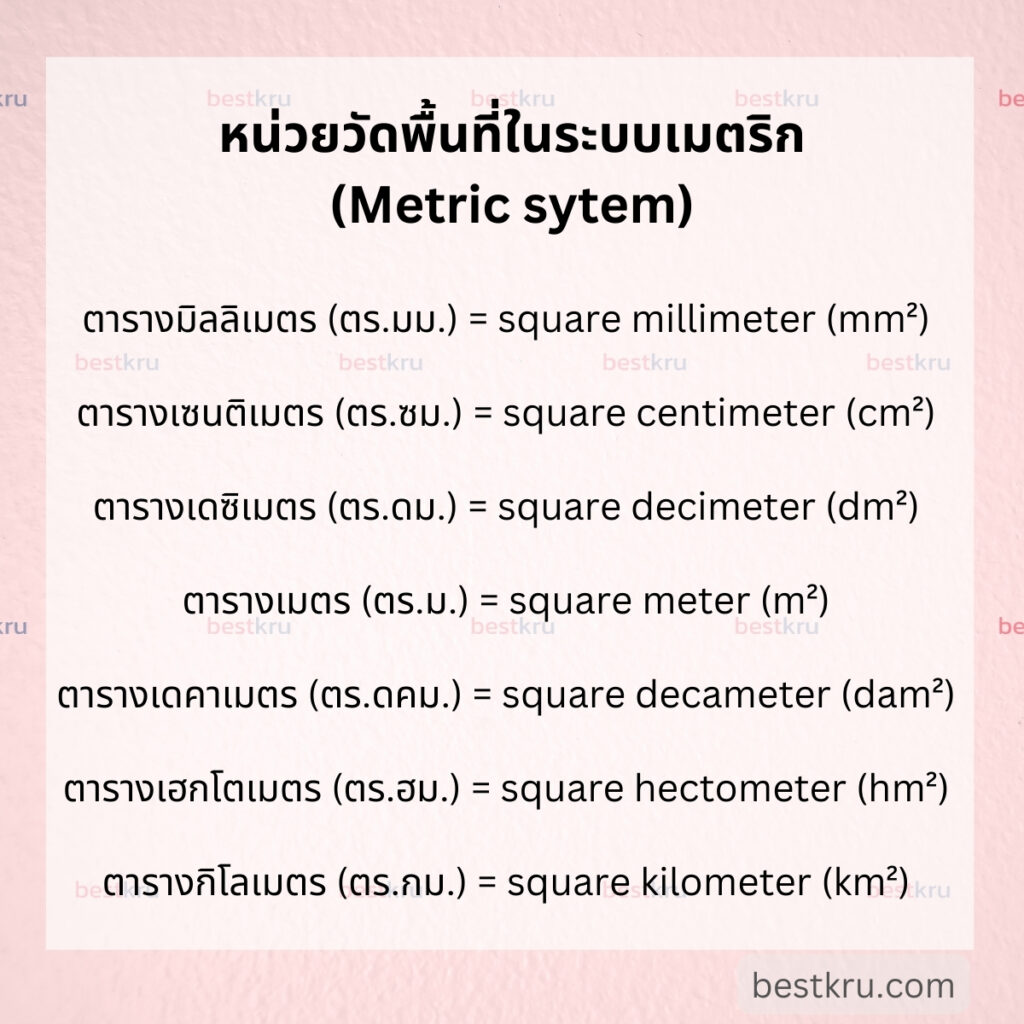 หน่วยวัดพื้นที่ภาษาอังกฤษระบบเมตริก (Area in Metric Sytem) เช่น 
ตารางมิลลิเมตร (ตร.มม.) = square millimeter (mm²)
ตารางเซนติเมตร (ตร.ซม.) = square centimeter (cm²)
ตารางเมตร (ตร.ม.) = square meter (m²)
ตารางกิโลเมตร (ตร.กม.) = square kilometer (km²)