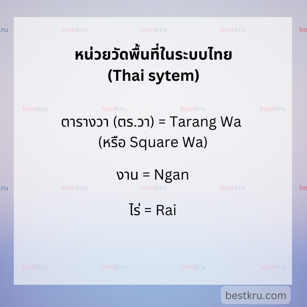 หน่วยวัดพื้นที่ภาษาอังกฤษในระบบไทย (Area in Thai System) เช่น
ตารางวา (ตร.วา) = Tarang Wa (หรือ Square Wa)

งาน = Ngan
(1 งาน เท่ากับ 100 ตารางวา)

ไร่ = Rai
(1 ไร่ เท่ากับ 4 งาน)